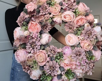 Flower Wreath 60 cm XXL for Front Double Door Flower Wreath Door Wreath Gift Birthday Peonies Hydrangeas, pink spring wreath, Easter