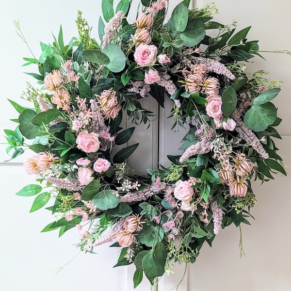 Pink Roses Wreath 60cm for Front Door with eucalyptus, Blumenkranz, Mother's day Gift, exclusive artificial flowers, summer flower wreath