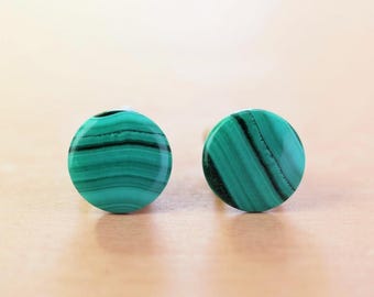 Malachite Stud Earrings – Unisex Minimalist – 925 Silver, Stainless Steel or Gold Plated – 6mm or 8mm