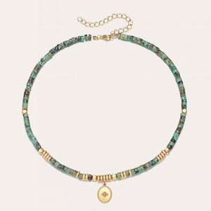 Heishi African Turquoise Necklace - French creation - Steel gilded with fine gold - Lithotherapy