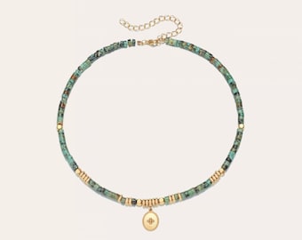 Collier Heishi Turquoise Africaine - Création française - Acier doré à l'or fin - Lithothérapie