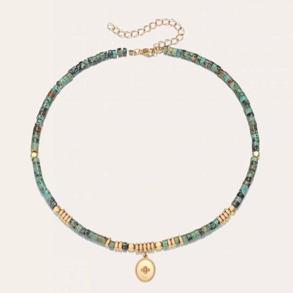 Collier Heishi Turquoise Africaine - Création française - Acier doré à l'or fin - Lithothérapie