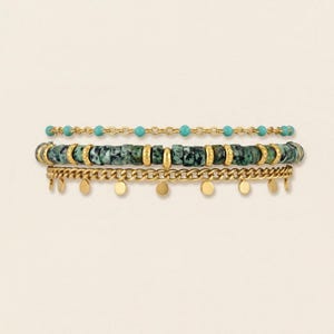 May include: Four gold-toned bracelets. One bracelet features small turquoise beads, another has green and black stone beads, and a third has a chain with small gold discs. The fourth bracelet has a chain with turquoise beads.