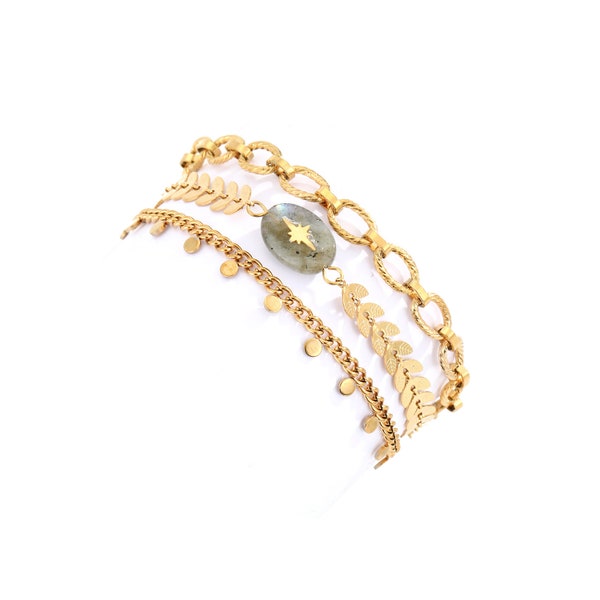 Bracelet en pierre naturelle - Création française en acier doré à l'or fin - Taille réglable