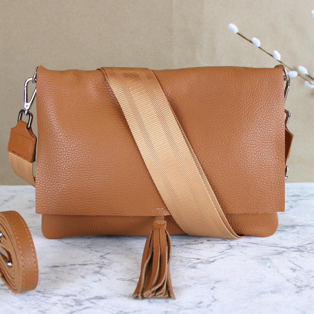 Light Tan Cognac Crossbody Slim Bag for Women With Leather Belt