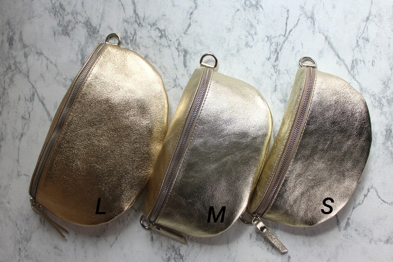 Gold-colored Leather Waist Bag for Women with Patterned Strap and Leather Belt, Crossbody Shoulder Bag Gift for her Size S,M,L Silver Zipper 画像 6