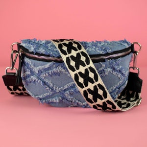 Jeans Denim Design lederen heuptas voor dames met riem met patroon en leren riem, Crossbody tas schoudertas cadeau voor haar, zilver