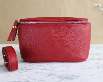 Rot Bauchtasche für Frauen mit Ledergurt und gemustertem Gürtel, Hüft-Crossbody-Schultertasche aus echtem italienischem Leder, Geschenk sie