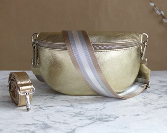 Gold-colored Leather Waist Bag for Women with Patterned Strap and Leather Belt, Crossbody Shoulder Bag Gift for her Size S,M,L Silver Zipper