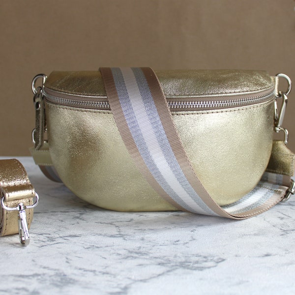 Gold-colored Leather Waist Bag for Women with Patterned Strap and Leather Belt, Crossbody Shoulder Bag Gift for her Size S,M,L Silver Zipper