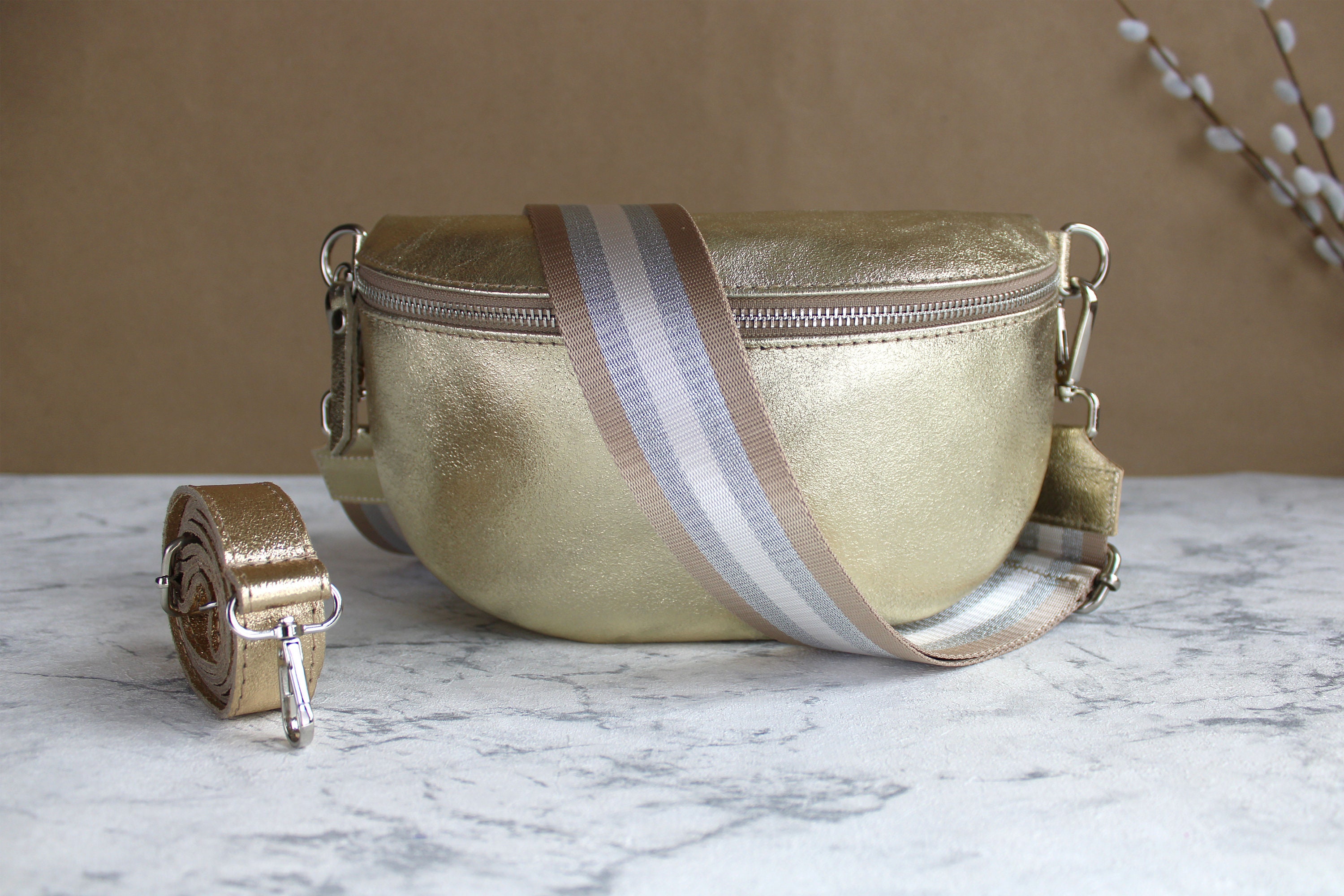 Gold-colored Leather Waist Bag for Women With Patterned Strap 