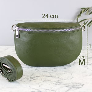 Sac banane vert kaki pour femme avec ceinture en cuir et bandoulière à motifs, sac à bandoulière, cadeau pour sa mère, taille M, argent image 4