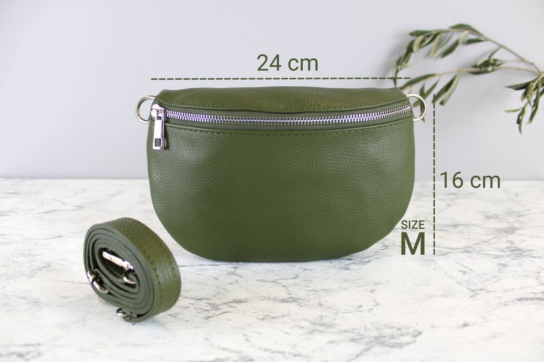 Sac banane vert kaki pour femme avec ceinture en cuir et bandoulière à motifs, sac à bandoulière, cadeau pour sa mère, taille M, argent image 4