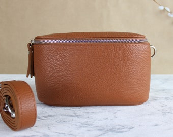 Cognac Braun Bauchtasche für Frauen mit Ledergurt und gemustertem Gürtel, Hüft-Crossbody-Schultertasche aus echtem italienischem Leder