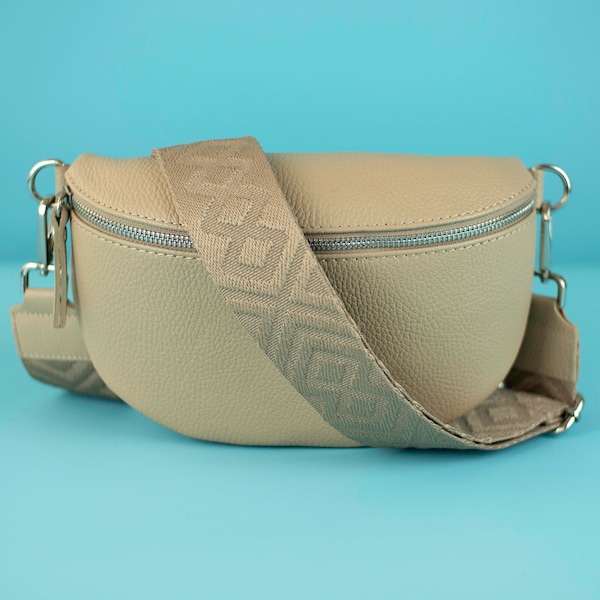 Light Taupe Crossbody Bag for Women with Leather Belt and Patterned Strap Waist Shoulder Bag for Summer Gift for her Silver