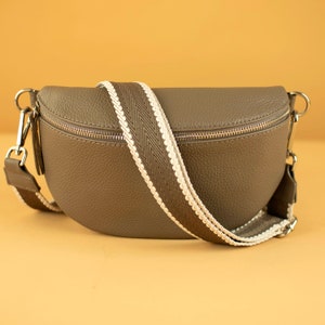 Taupe Leather Belt Bag: Italian Leather Crossbody with Patterned Strap