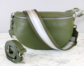Khaki Green Crossbody Bag For Women With Leather Strap And Patterned Belt, Waist Bag, Shoulder Bag, Present Gift For Her, L Size Silver