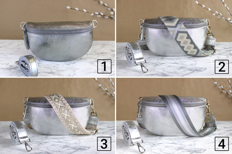 Silber Grau Bauchtasche für Frauen mit Ledergurt und gemustertem Riemen Gürteltasche Crossbodybag Sommer Umhänge Geschenk S,M,L Größe Silber Bild 2