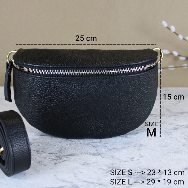 Black Leather Italien Waist Bag for Women with Gold Adjustable Belt, Bumbag, Waist Bag Crossbody Bag Strap Sangle Sac Gift, S,M,L Size, Gold image 4