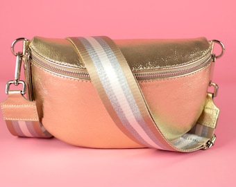 Gold-colored Leather Waist Bag for Women with Patterned Strap and Leather Belt, Crossbody Shoulder Bag Gift for her Size S,M,L Silver Zipper