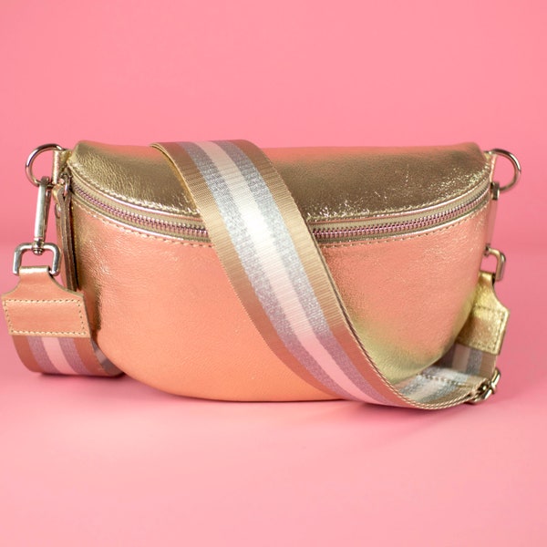 Gold-colored Leather Waist Bag for Women with Patterned Strap and Leather Belt, Crossbody Shoulder Bag Gift for her Size S,M,L Silver Zipper