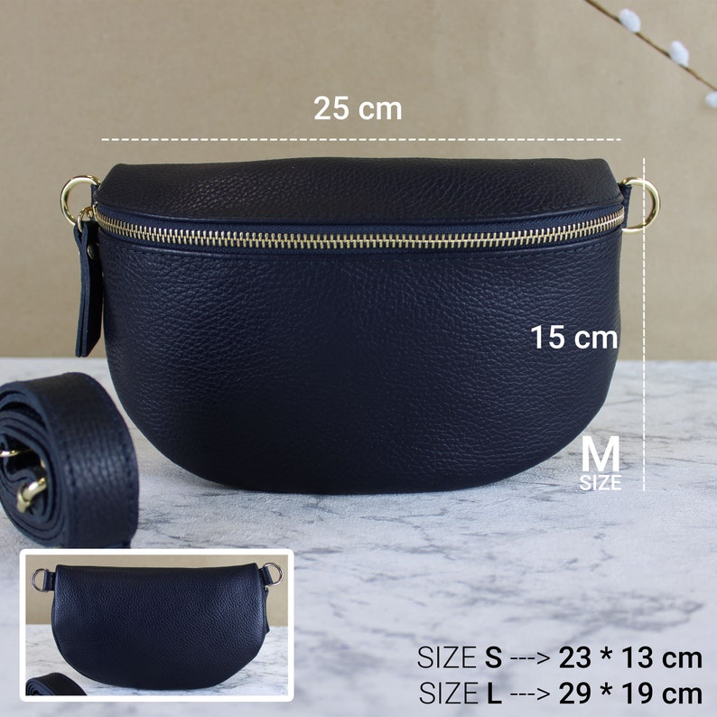 Dunkel Blau Leder Italienische Bauchtasche für Frauen mit Ledergurt gemustertem Riemen, Crossbodybag Umhängetasche Geschenk Gold S,M,L Bild 3