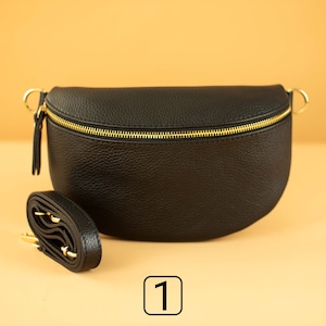 Black Leather Italien Waist Bag for Women with Gold Adjustable Belt, Bumbag, Waist Bag Crossbody Bag Strap Sangle Sac Gift, S,M,L Size, Gold No : 1
