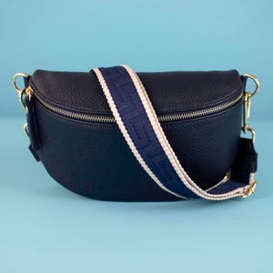 Dark Blue Navy Leather Crossbody Bag for Women with Leather Belt and Patterned Strap, Waist Shoulder Bag Gift for her, Gold, S,M,L Size
