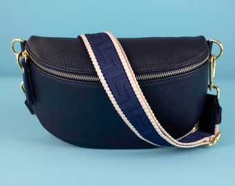 Dark Blue Navy Leather Crossbody Bag for Women with Leather Belt and Patterned Strap, Waist Shoulder Bag Gift for her, Gold, S,M,L Size