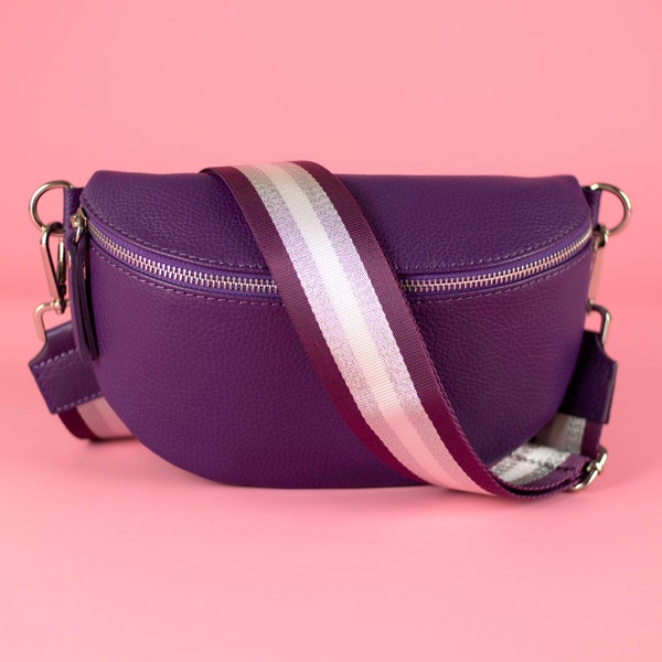 Purple Leather Waist Bag for Women with Patterned Strap and Leather Belt, Crossbody Shoulder Bag Gift for her, Silver Zipper