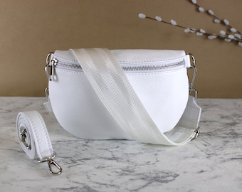 White Leather Belly Bag for Women with Leather Belt and Patterned Strap, Waist Bag Crossbody Bag Shoulder Bag Gift for her Size M Silver