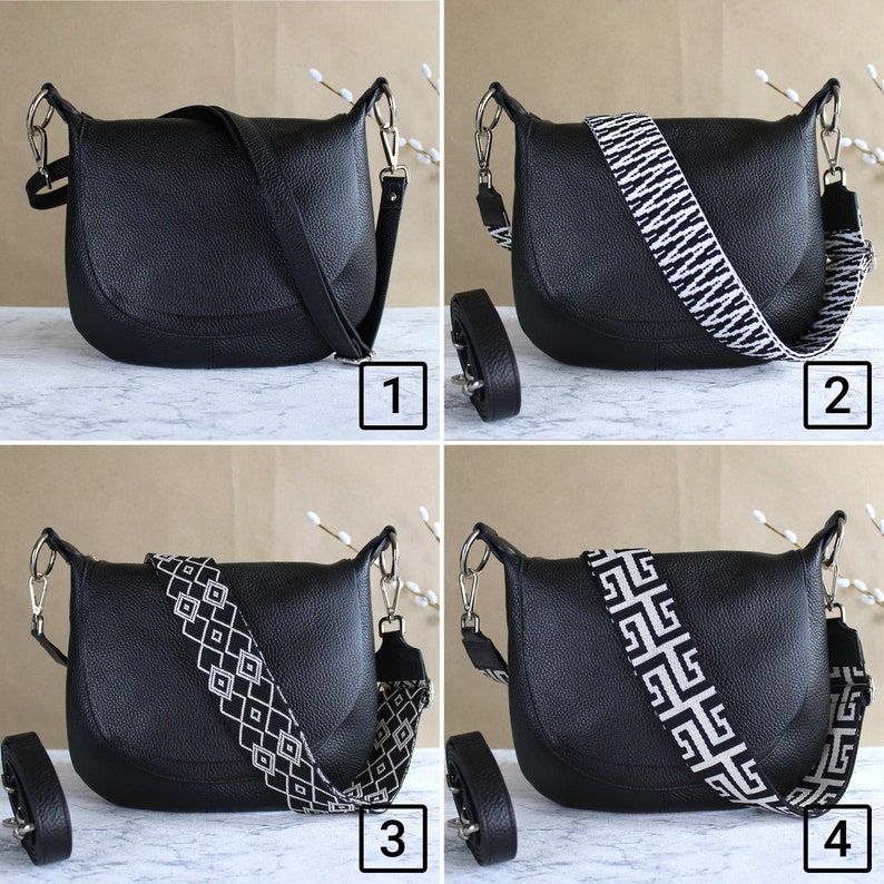 Schwarze Leder-Crossbody-Tasche für Frauen mit Ledergürtel und gemusterter Träger Italienische Taille Schultertasche Geschenk Bild 2