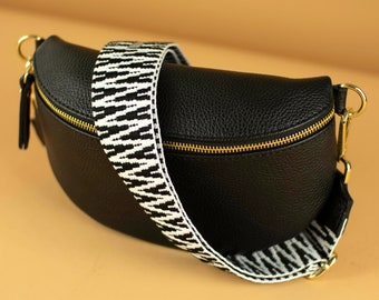 Black Leather Italien Waist Bag for Women with Gold Adjustable Belt, Bumbag, Waist Bag Crossbody Bag Strap Sangle Sac Gift, S,M,L Size, Gold