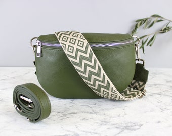 Sac banane vert kaki pour femme avec ceinture en cuir et bandoulière à motifs, sac à bandoulière, cadeau pour sa mère, taille M, argent