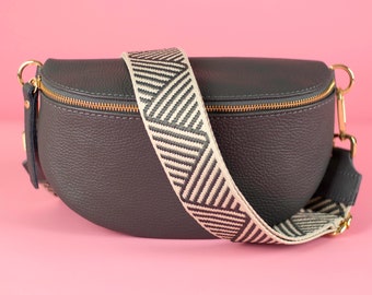 Dark Gray Leather Waist Bag for Women with Patterned Strap and Leather Belt, Crossbody Shoulder Bag Gift for her Size S,M,L Gold Zipper