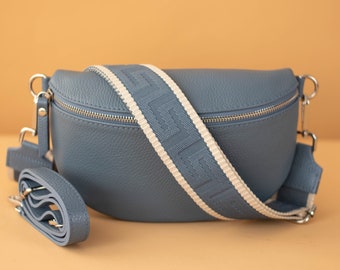 Sac à bandoulière bleu jean pour femme avec ceinture en cuir et bandoulière à motifs, sac banane pour l'été, cadeau pour elle, argent