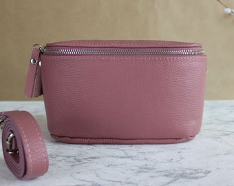 Pink Rose Belly Bag for Women with Leather Strap and Patterned Belt Waist Crossbody Shoulder Bag Made of Genuine Italien Leather Gift