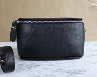 Schwarz Bauchtasche für Frauen mit Ledergurt und gemustertem Gürtel, Hüft-Crossbody-Schultertasche aus echtem italienischem Leder