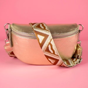 Sac banane en cuir doré pour femme avec bandoulière à motifs et ceinture en cuir, cadeau sac à bandoulière pour elle, fermeture éclair argentée
