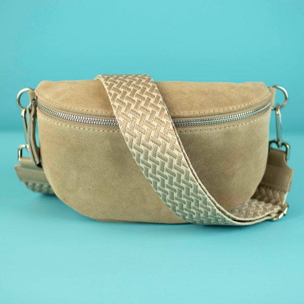 Light Taupe Suede Leather Bag for Women with Extra Patterned Straps, Fanny Pack Women Crossbody with Different Sizes, Silver Hardware Gift