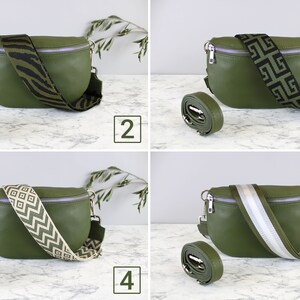 Sac banane vert kaki pour femme avec ceinture en cuir et bandoulière à motifs, sac à bandoulière, cadeau pour sa mère, taille M, argent image 3