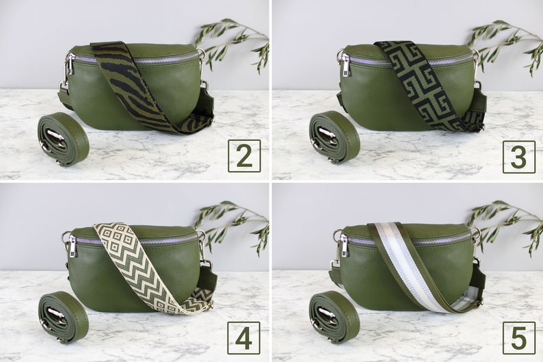 Sac banane vert kaki pour femme avec ceinture en cuir et bandoulière à motifs, sac à bandoulière, cadeau pour sa mère, taille M, argent image 3