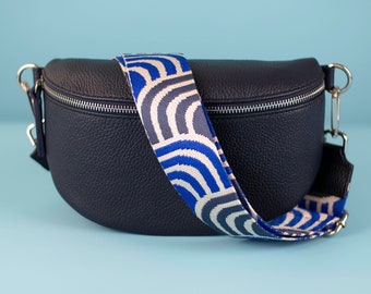 Navy Blue Crossbody Bag for Women with Leather Belt and Patterned Strap Waist Shoulder Bag for Summer Gift for her S,M,L Size, Silver