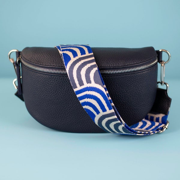 Navy Blue Crossbody Bag for Women with Leather Belt and Patterned Strap Waist Shoulder Bag for Summer Gift for her S,M,L Size, Silver