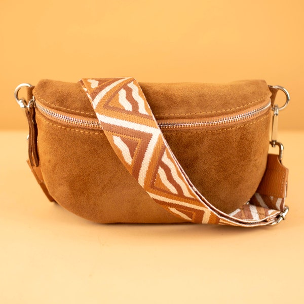 Camel Light Cognac Suede Leather Bag for Women with Extra Patterned Straps, Fanny Pack Women Crossbody with Different Sizes, Silver Hardware