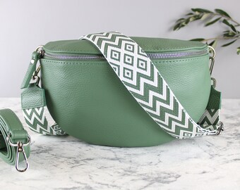 Mint Green Leather Waist Bag For Women With Patterned Strap And Leather Belt, Crossbody Bag Shoulder Bag Gift For Her, Size L, Silver
