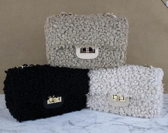 Taupe Teddy Fur Waist Bag For Women With Leather Strap, Patterned Belt, Sheep Shoulder Strap Bag, Gold Zipper Present Gift for Her She Mom