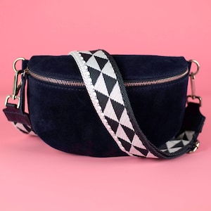 Navy Suede Leather Bag for Women with Extra Patterned Straps, Fanny Pack Women Crossbody with Different Sizes, Silver Hardware Gift for Her