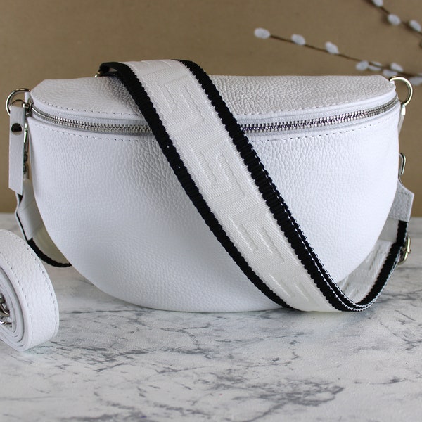 Weiss Bauchtasche für Frauen mit Ledergurt und gemustertem Riemen, Gürteltasche Crossbodybag Umhängetasche für sie Geschenk L Größe silber