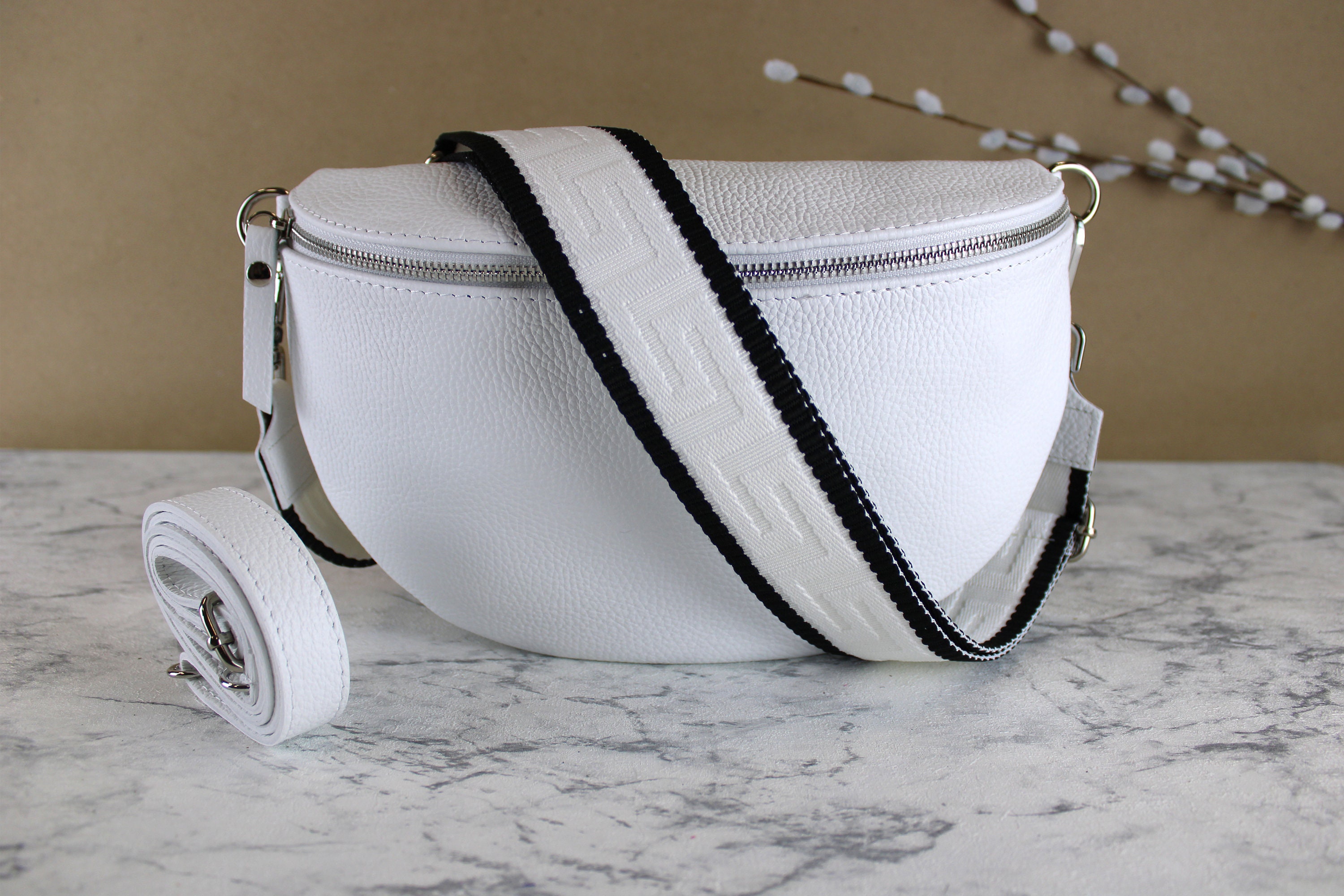 White Waist Bag for Women With Leather Belt and Patterned 